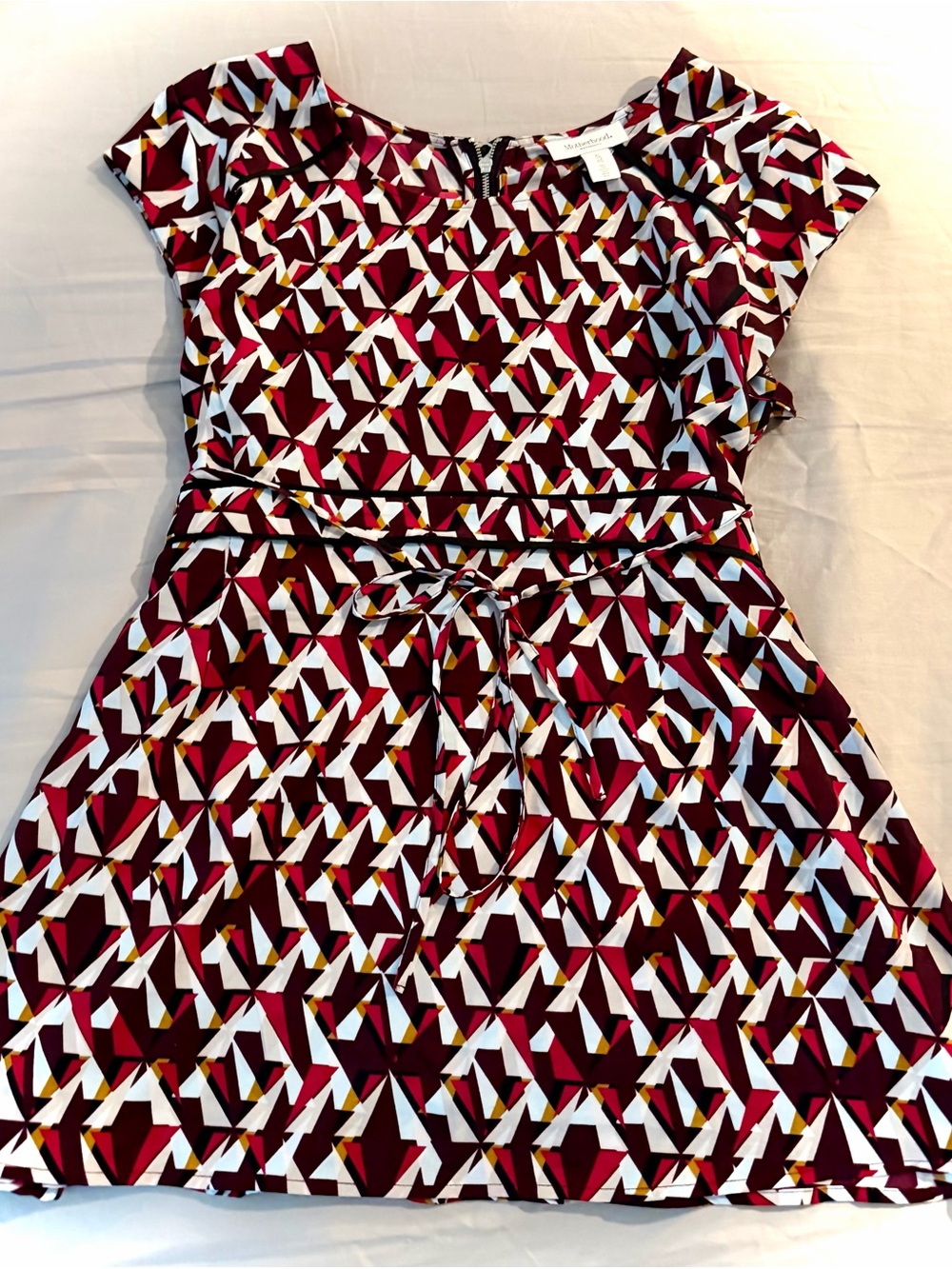 Motherhood Maternity Burgundy, White & Mustard Geometric Fit-and-Flare Blouse XL